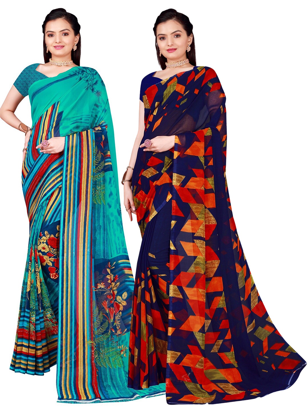 

SAADHVI Pack of 2 Blue & Red Pure Georgette Saree