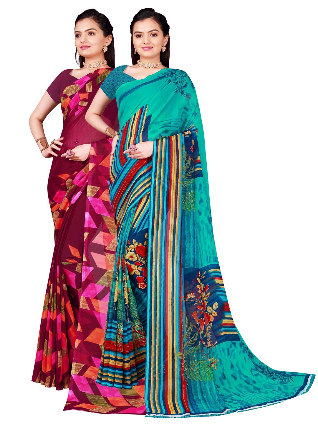 

SAADHVI Teal & Burgundy Set of 2 Floral Printed Pure Georgette Saree