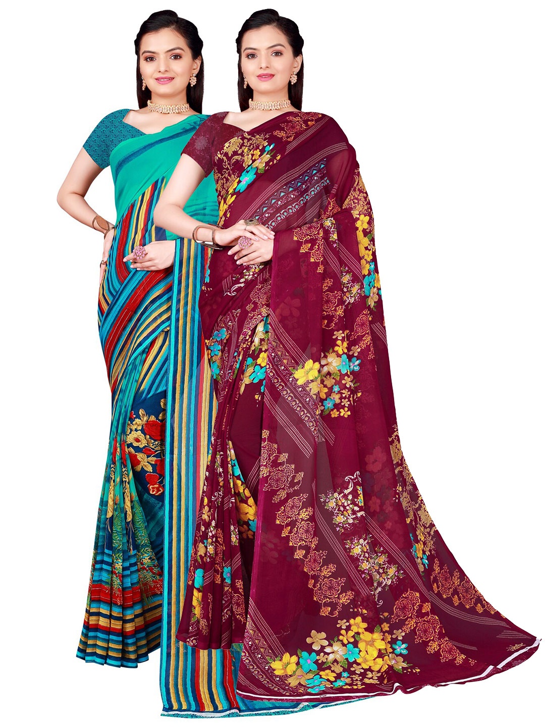 

SAADHVI Teal & Burgundy Floral Pure Georgette Saree Pack Of 2