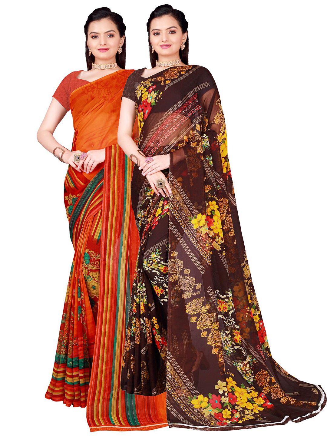 

SAADHVI Set Of 2 Orange & Brown Floral Pure Georgette Saree
