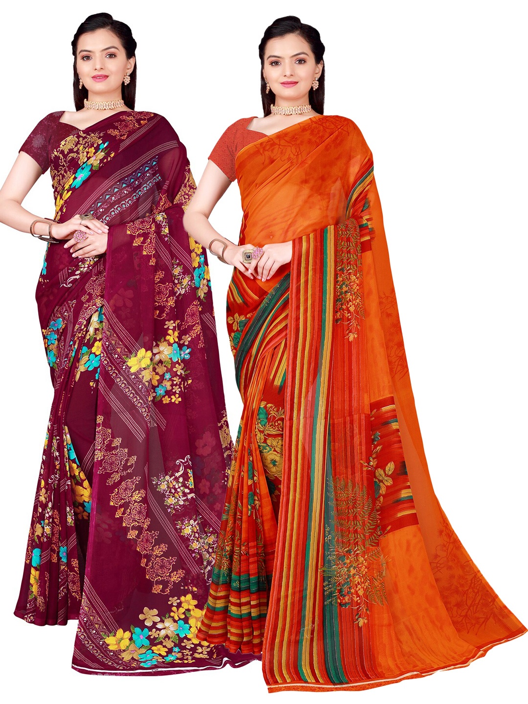 SAADHVI Pack Of 2 Orange & Maroon Floral Georgette Saree