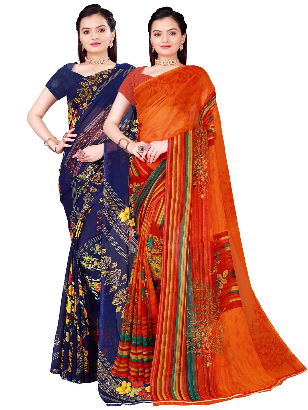 SAADHVI Women Orange & Navy Blue Set of 2 Floral Printed Georgette Sarees