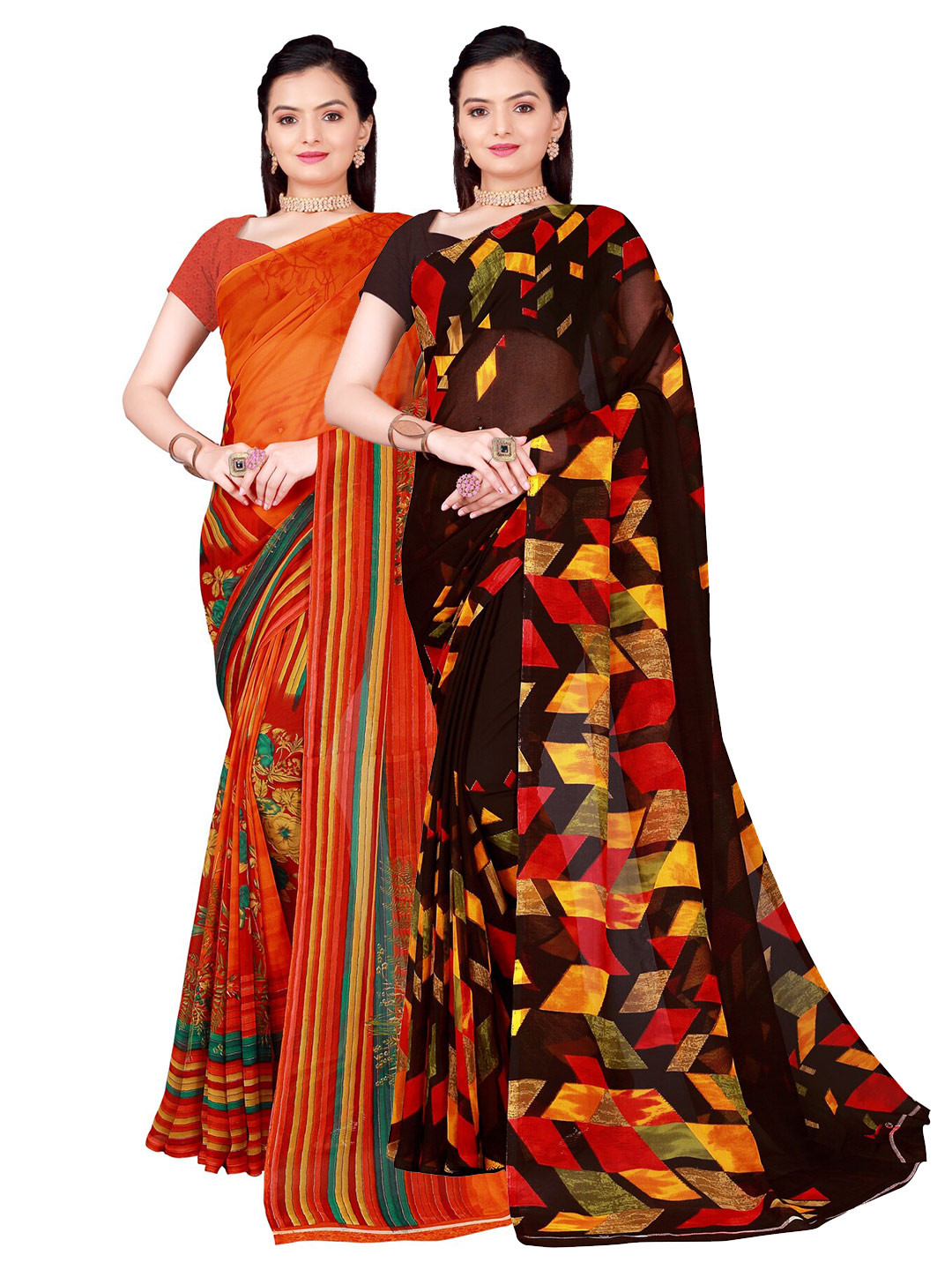 

SAADHVI Orange & Brown Set of 2 Floral Printed Pure Georgette Saree