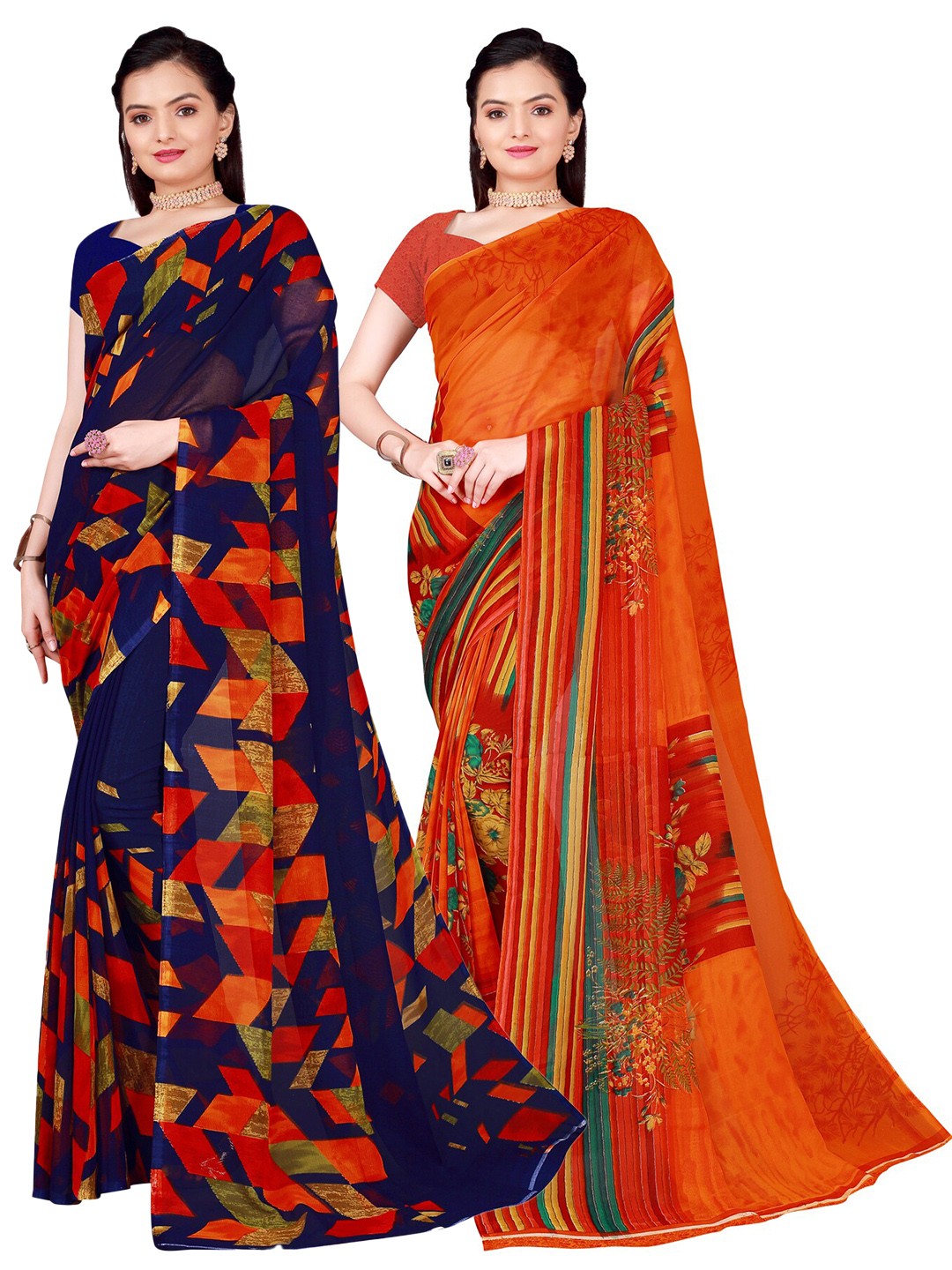 

SAADHVI Pack of 2 Printed Pure Georgette Sarees, Orange