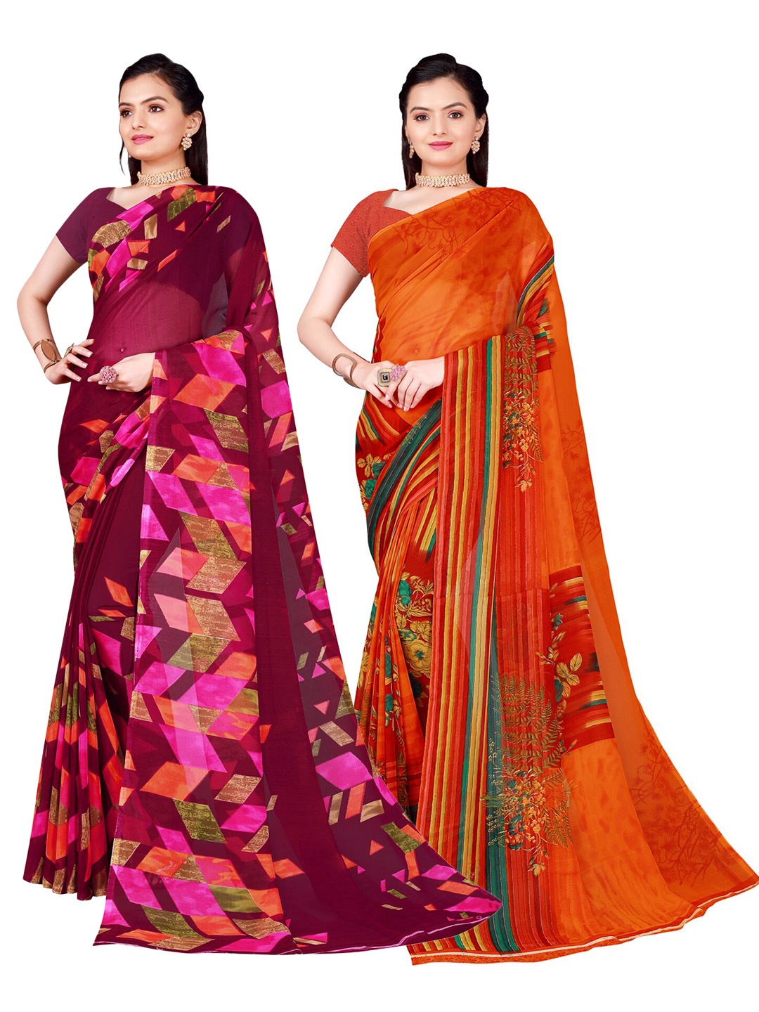 

SAADHVI Orange & Burgundy Pure Georgette Saree Pack Of 2