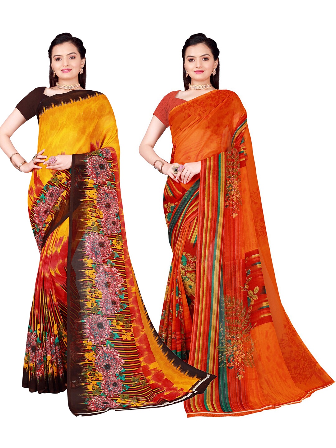 

SAADHVI Pack Of 2 Orange & Yellow Floral Georgette Saree