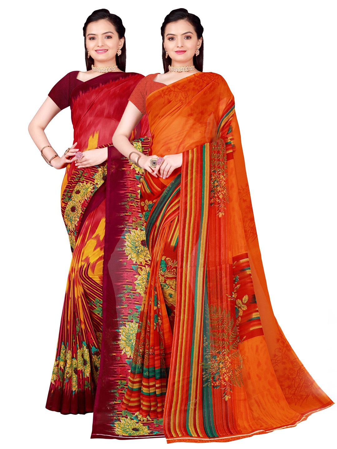 SAADHVI Pack Of 2 Orange & Red Floral Georgette Saree