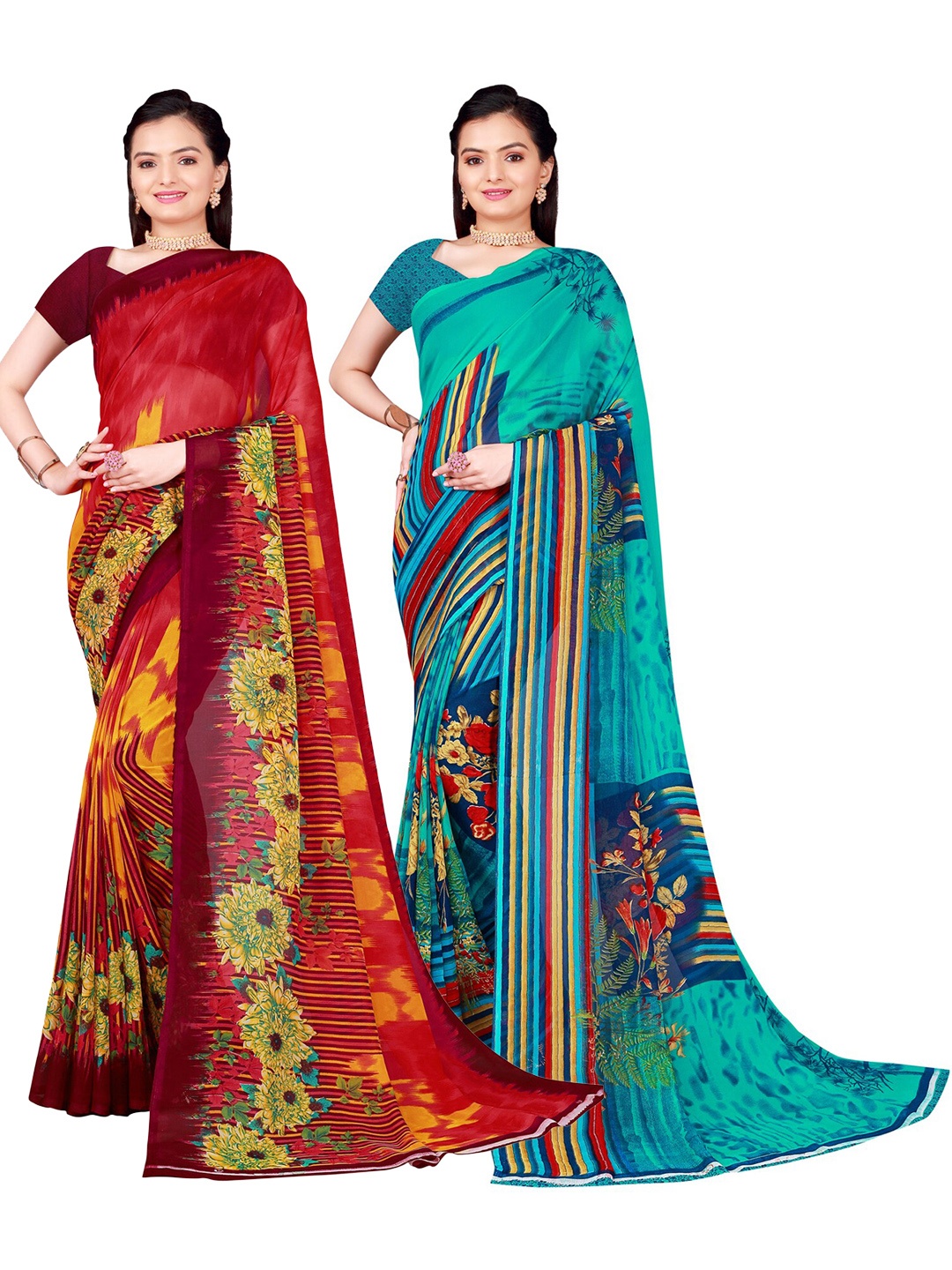 

SAADHVI Pack Of 2 Red & Green Floral Georgette Saree