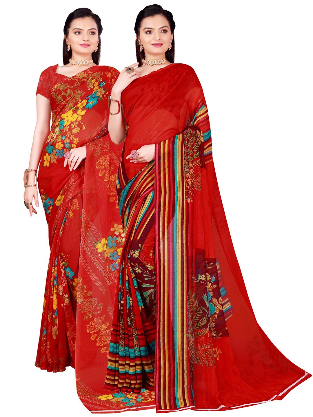SAADHVI Pack of 2 Floral Pure Georgette Sarees, Red