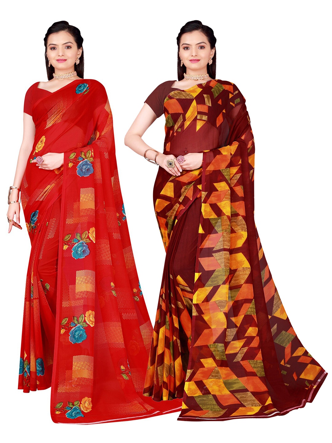 

SAADHVI Pack of 2 Floral Pure Georgette Sarees, Red