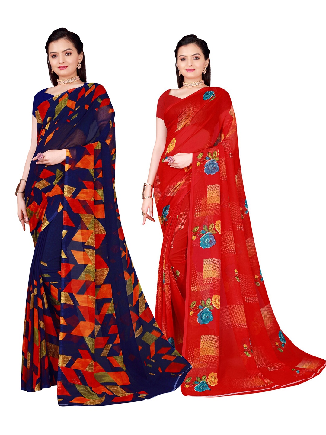 

SAADHVI Pack Of 2 Red & Navy Blue Pure Georgette Saree
