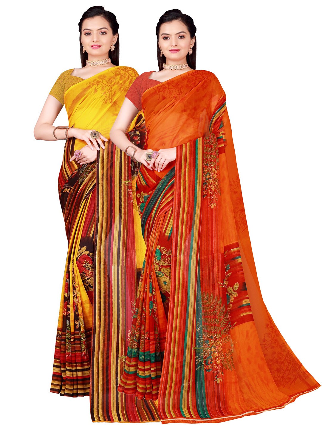 

SAADHVI Pack Of 2 Yellow & Orange Floral Pure Georgette Saree
