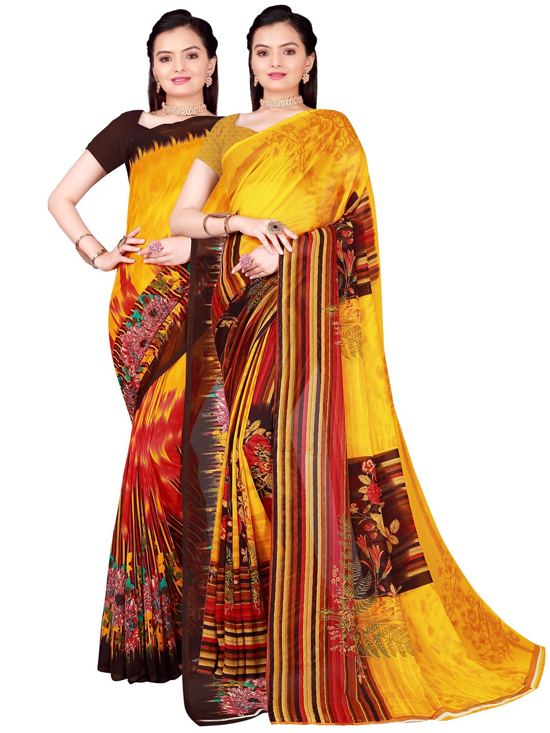 

SAADHVI Pack of 2 Yellow & Brown Floral Pure Georgette Sarees