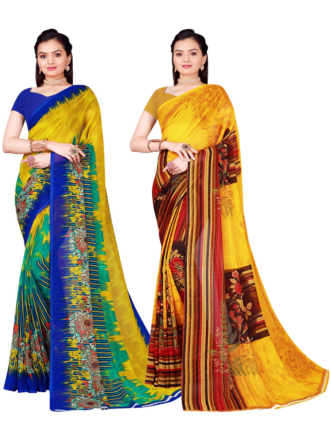 

SAADHVI Pack of 2 Printed Pure Georgette Sarees, Yellow