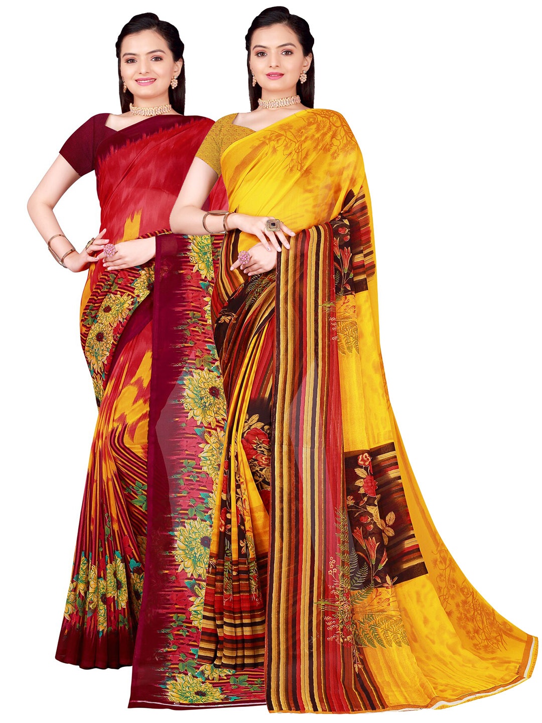 

SAADHVI Yellow & Burgundy Floral Pure Georgette Saree Pack Of 2