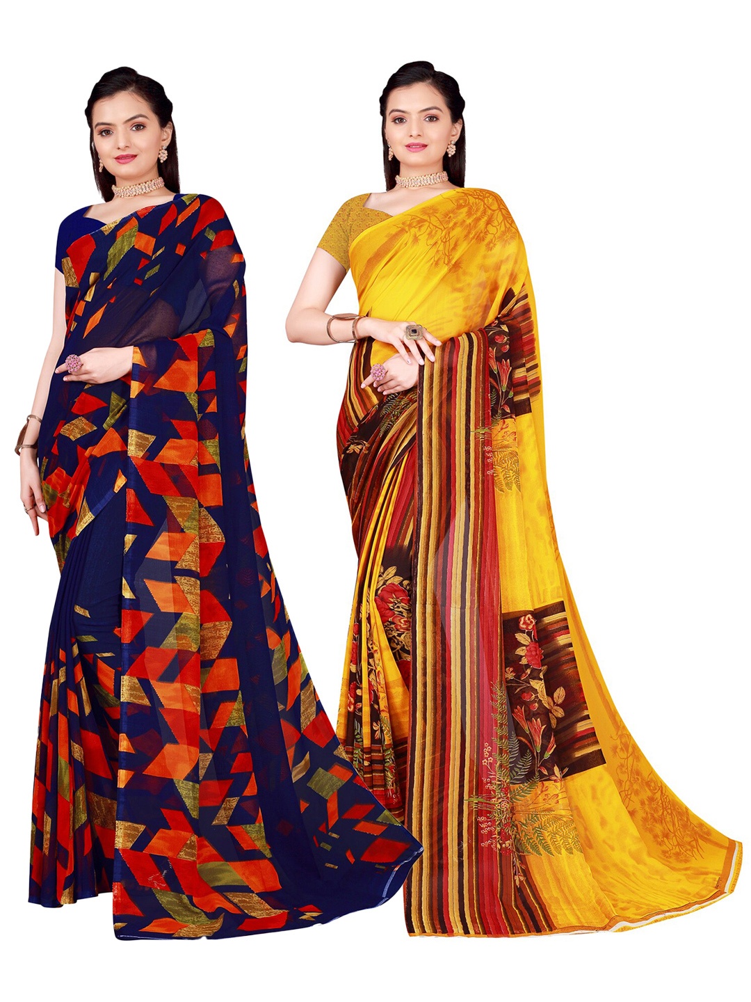 

SAADHVI Pack of 2 Floral Pure Georgette Sarees, Yellow