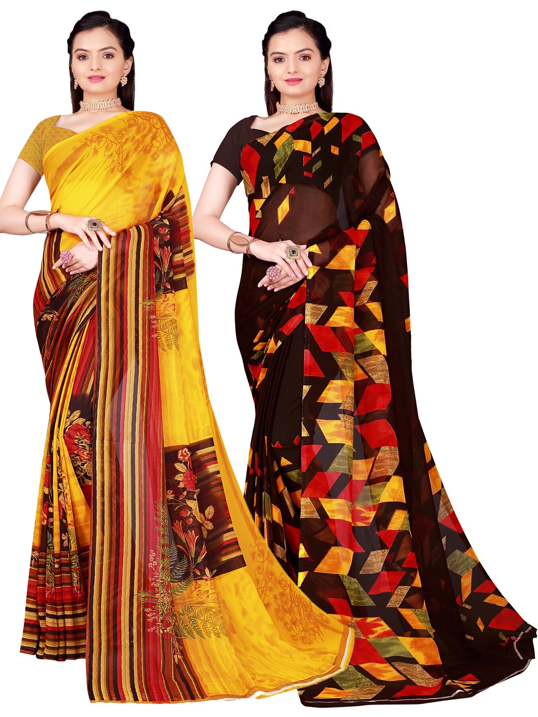 

SAADHVI Pack Of 2 Floral Georgette Sarees, Yellow