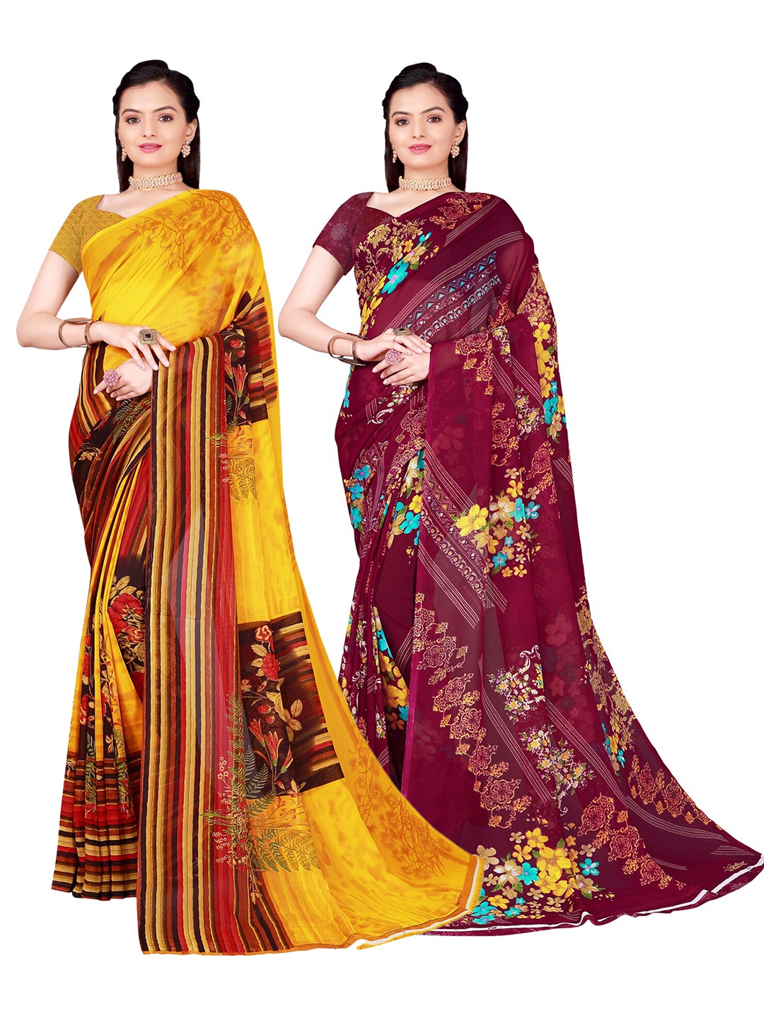 

SAADHVI Pack Of 2 Floral Georgette Sarees, Yellow