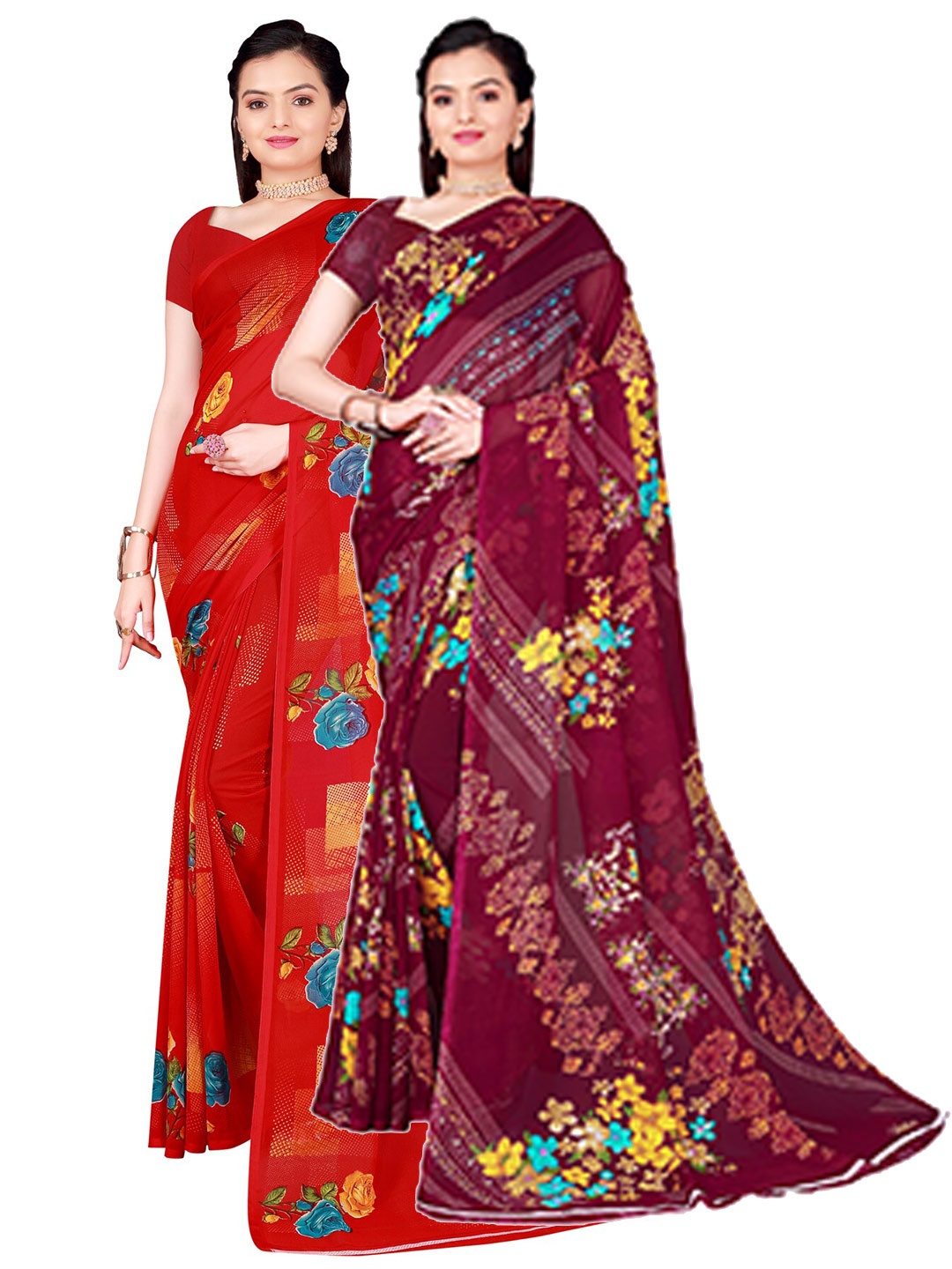 

SAADHVI Pack of 2 Red & Burgundy Floral Pure Georgette Sarees