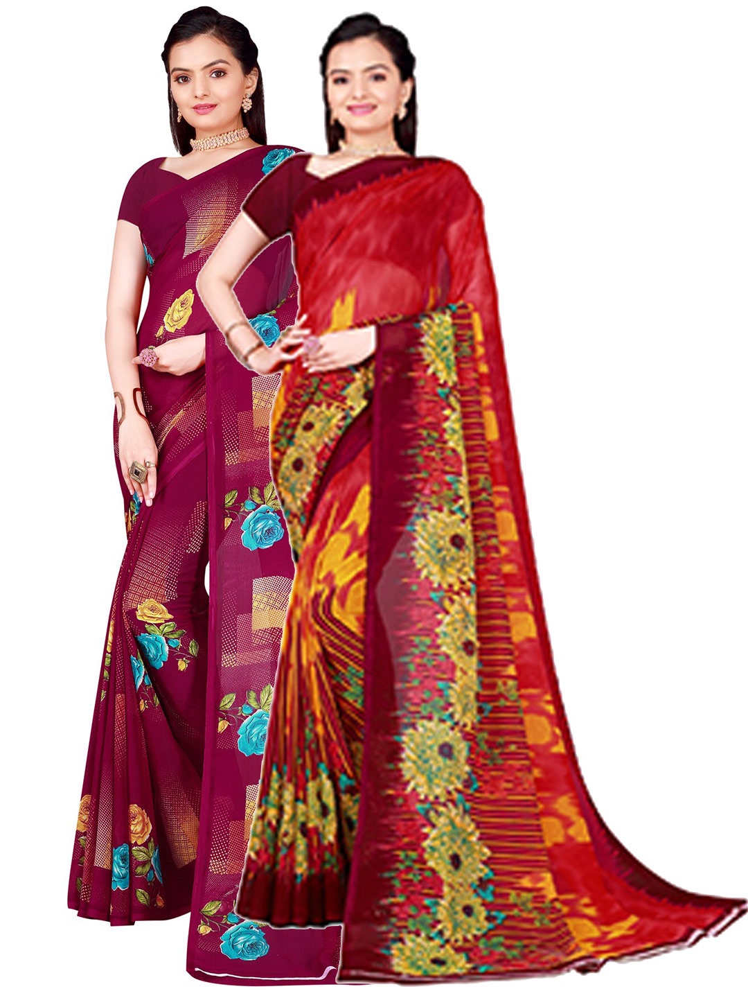 

SAADHVI Pack Of 2 Floral Georgette Sarees, Burgundy