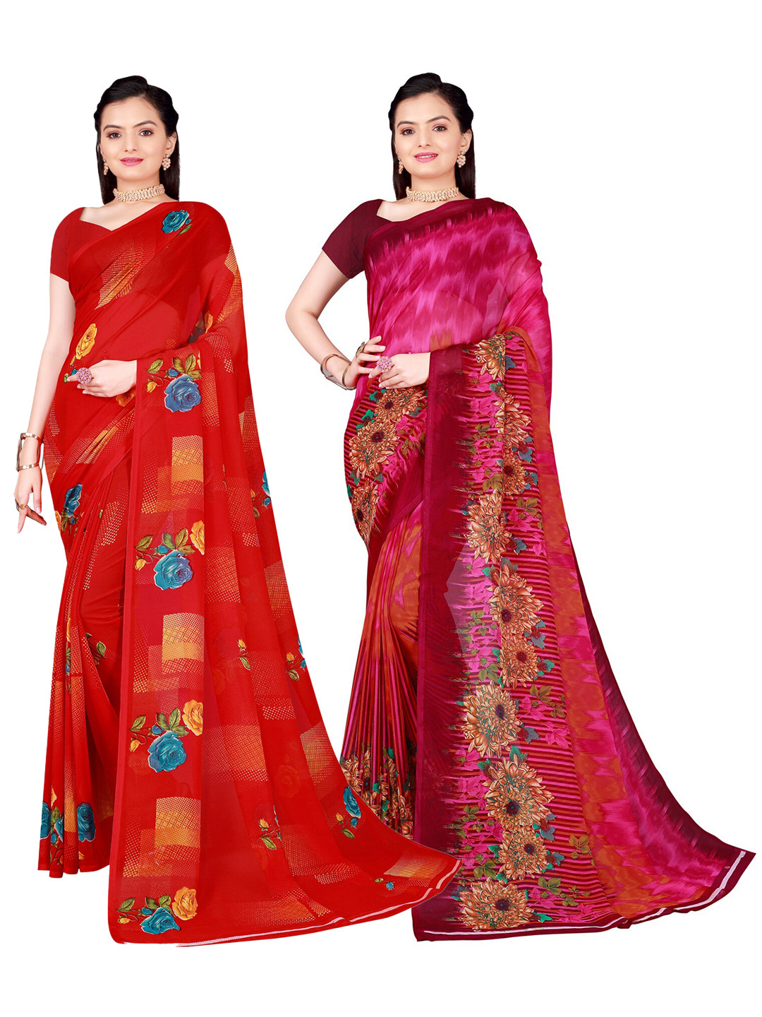 

SAADHVI Pack of 2 Pure Georgette Sarees, Red