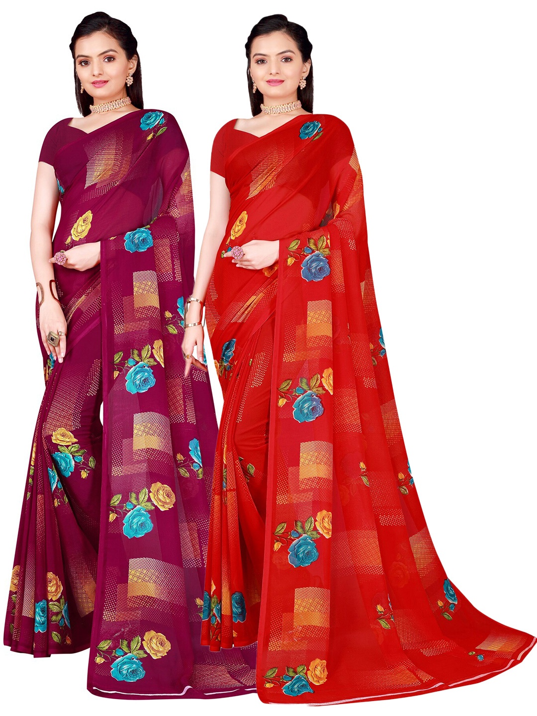 

SAADHVI Burgundy & Red Set of 2 Floral Printed Pure Georgette Saree