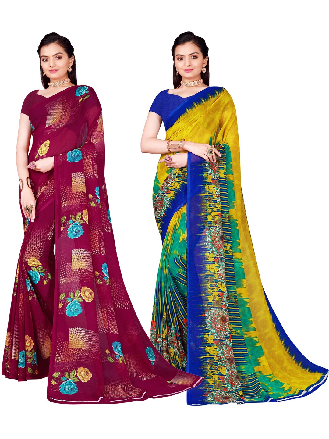 

SAADHVI Pack of 2 Floral Pure Georgette Sarees, Burgundy