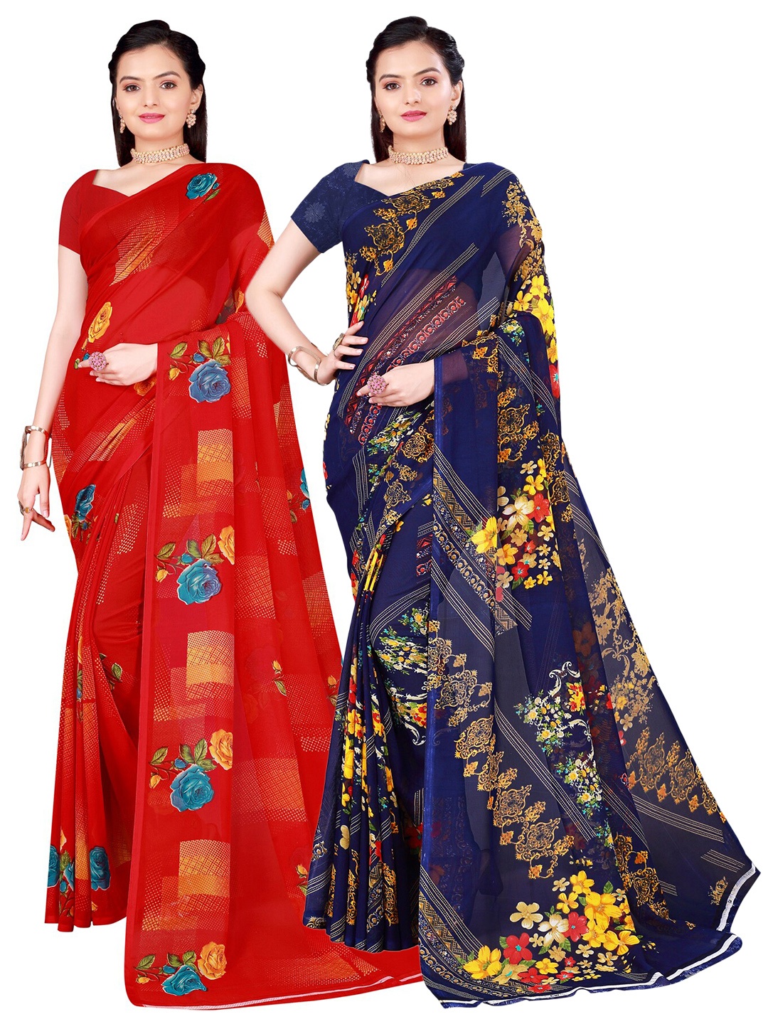 

SAADHVI Red & Blue Floral Pure Georgette Saree Pack Of 2