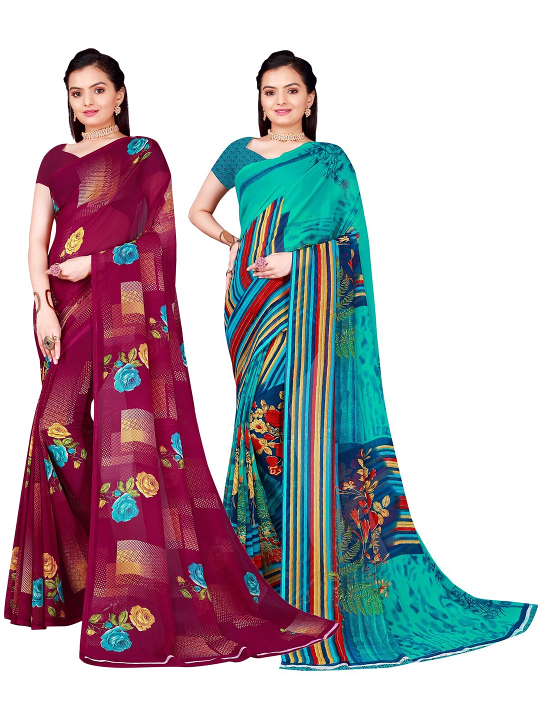 

SAADHVI Pack Of 2 Burgundy & Teal Floral Pure Georgette Saree