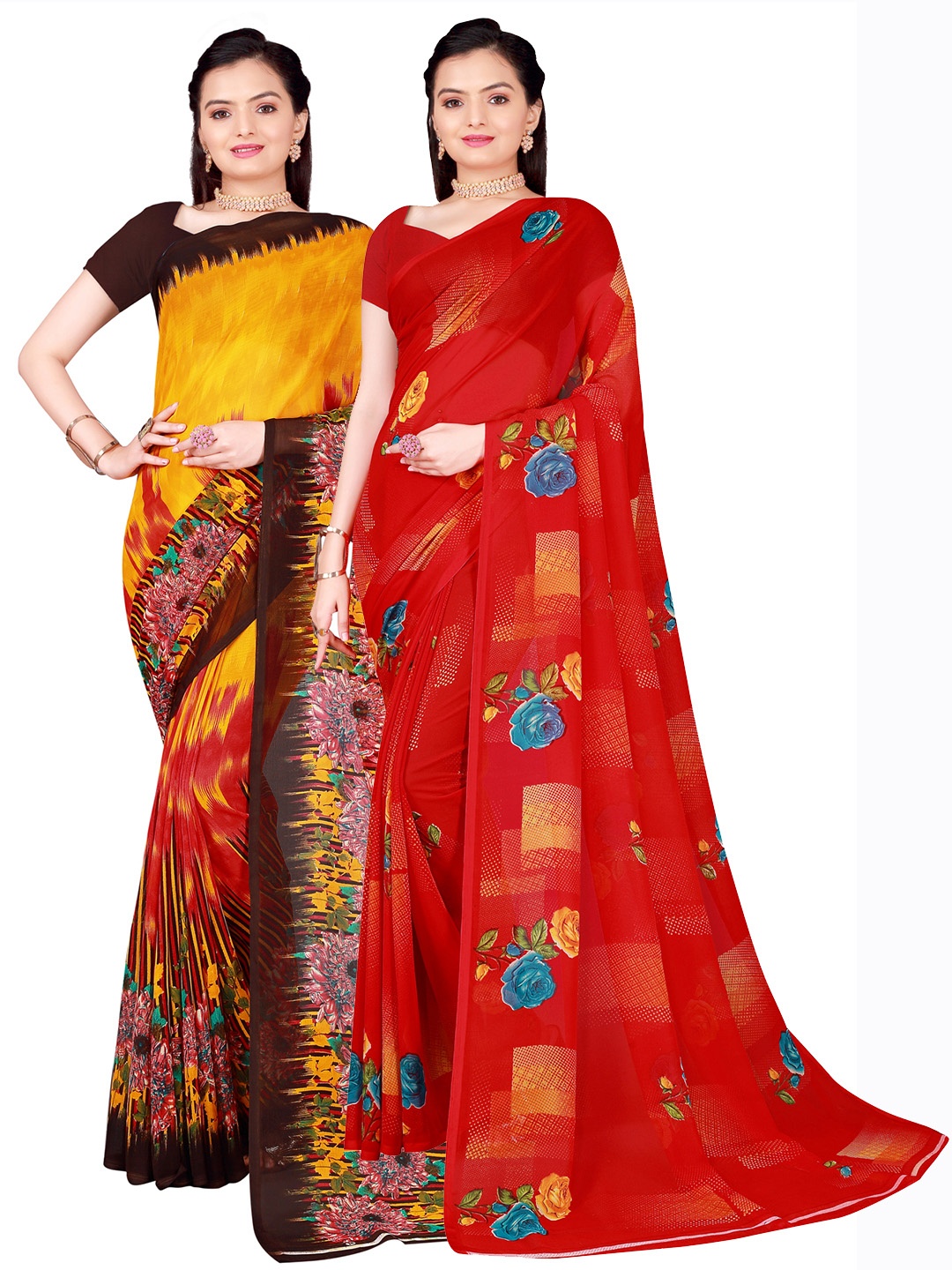 

SAADHVI Pack of 2 Floral Pure Georgette Sarees, Red