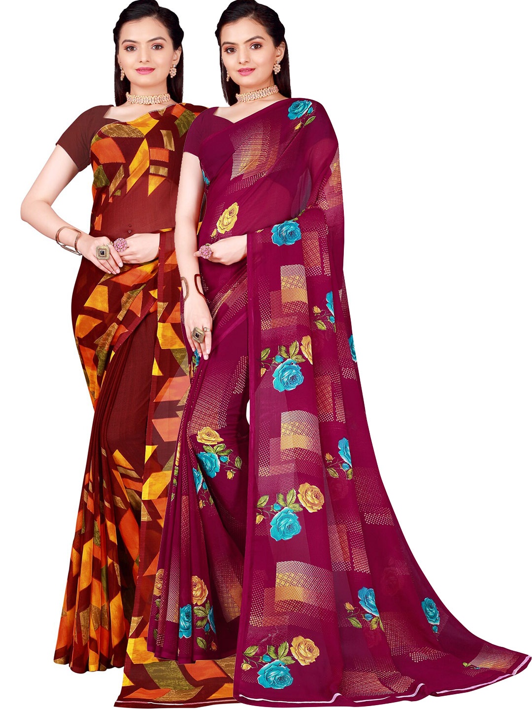 

SAADHVI Pack of 2 Floral Pure Georgette Sarees, Burgundy