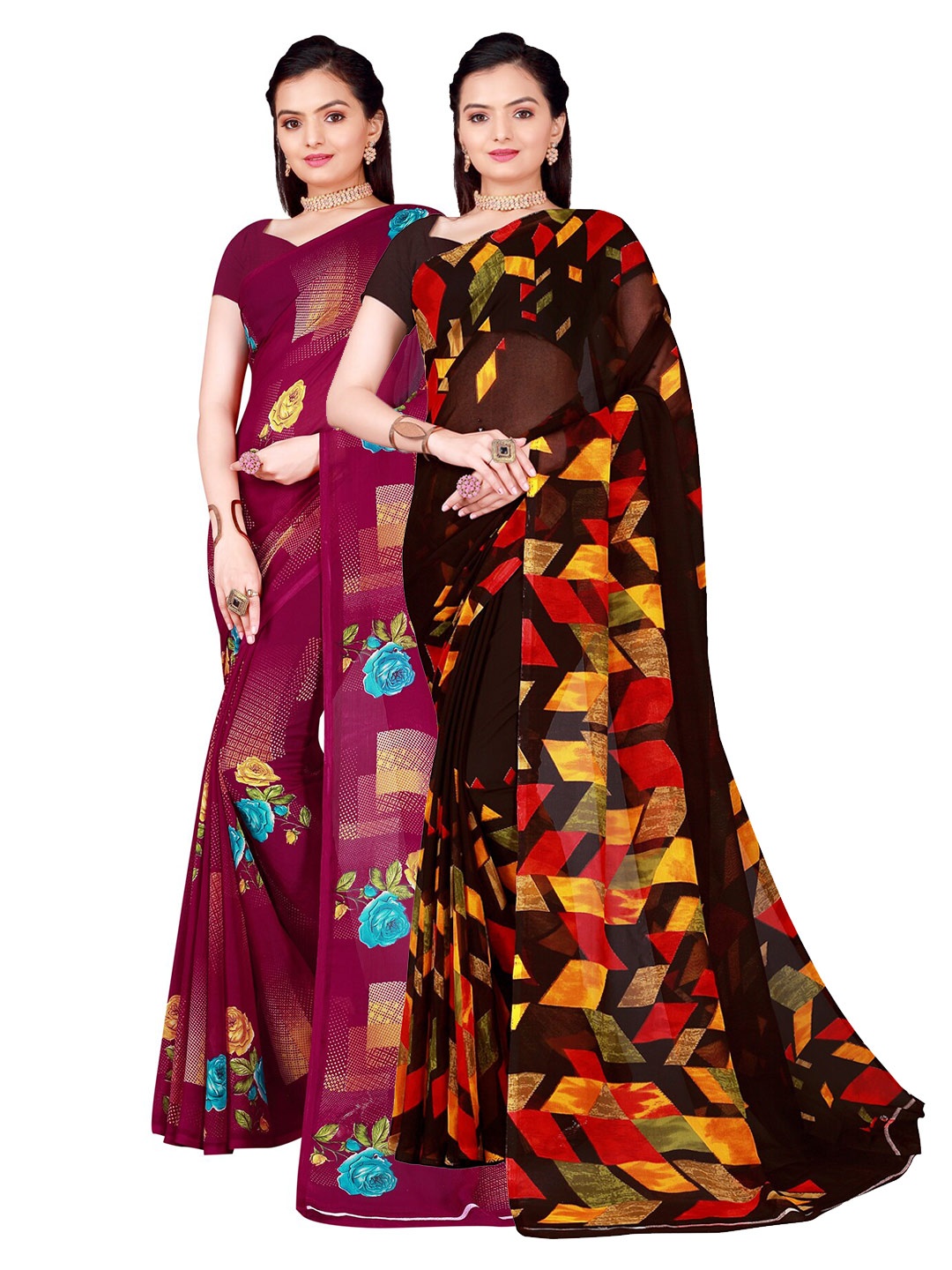

SAADHVI Pack of 2 Pure Georgette Sarees, Burgundy