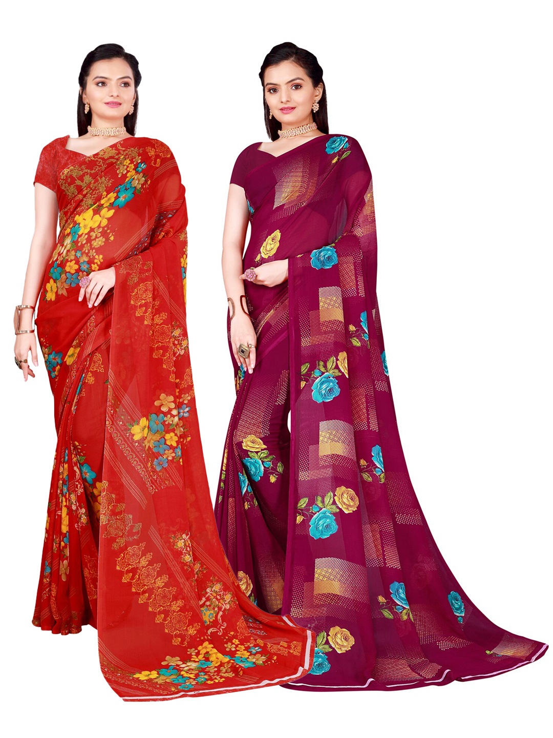 

SAADHVI Set Of 2 Burgundy & Red Floral Pure Georgette Saree