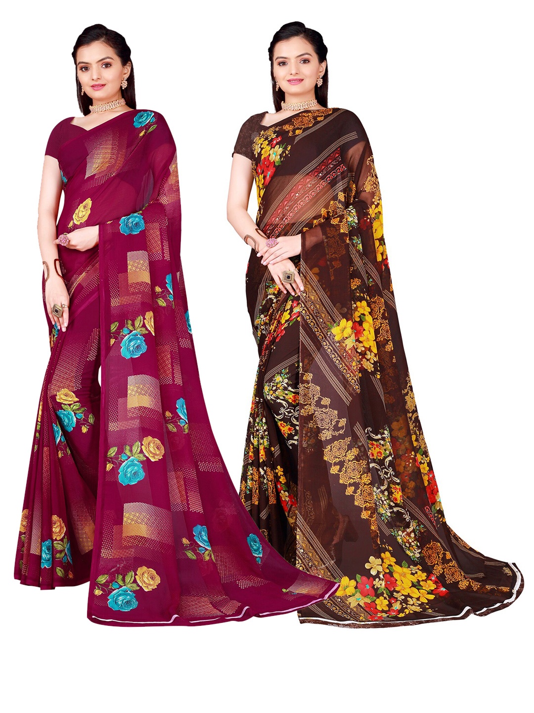 

SAADHVI Pack Of 2 Burgundy & Brown Floral Georgette Saree