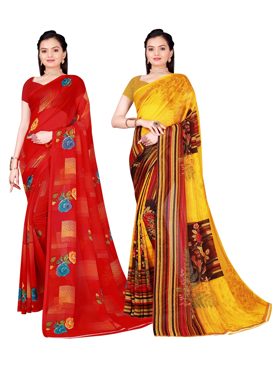 

SAADHVI Pack Of 2 Floral Pure Georgette Sarees, Red