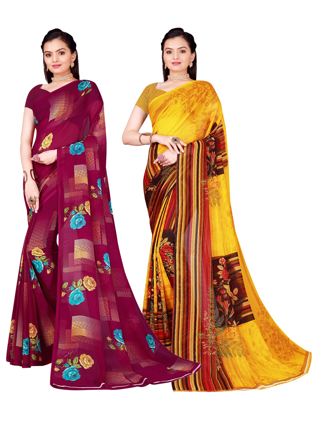 

SAADHVI Pack of 2 Yellow & Burgundy Pure Georgette Sarees