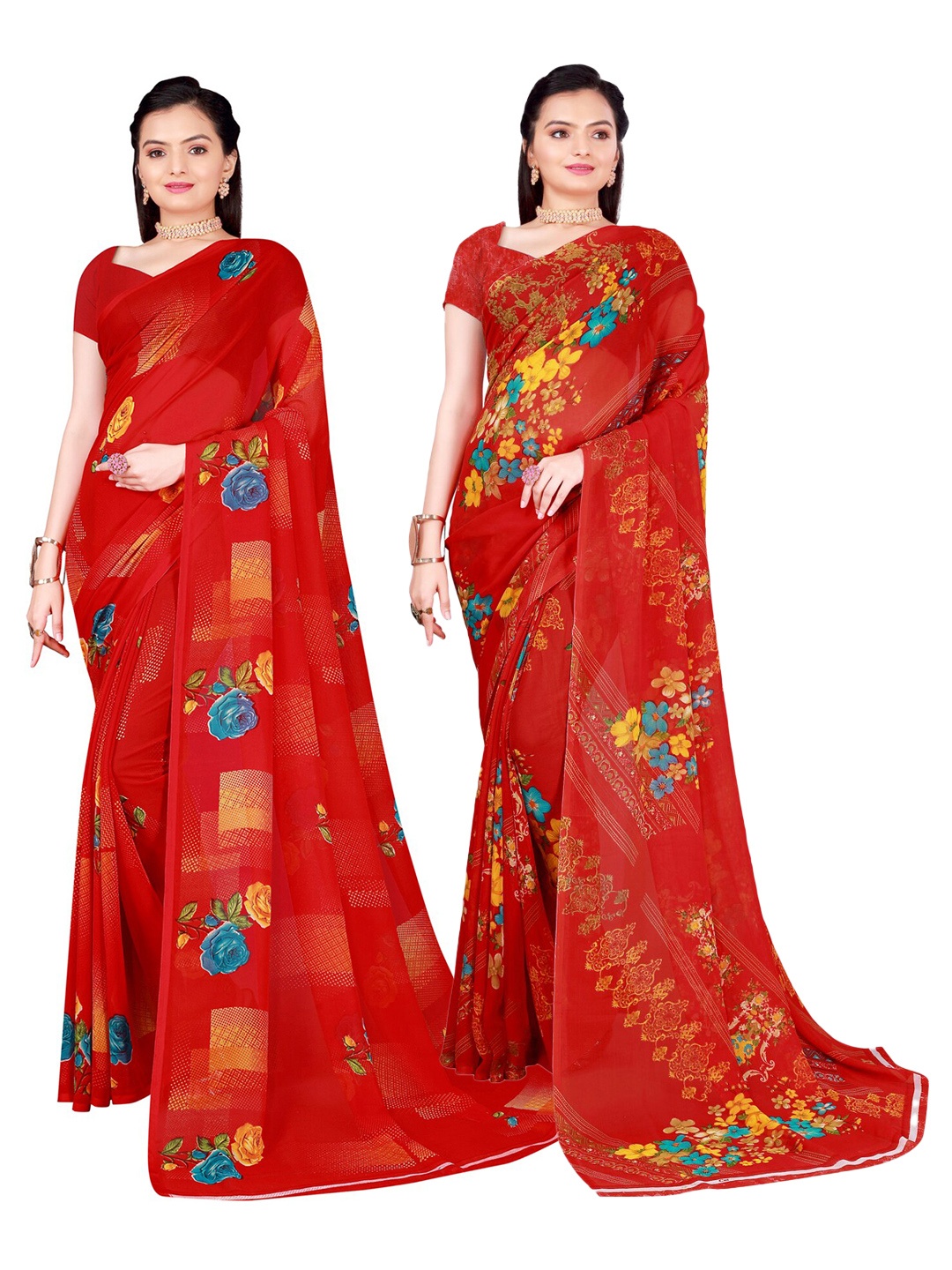 

SAADHVI Pack of 2 Floral Pure Georgette Sarees, Red