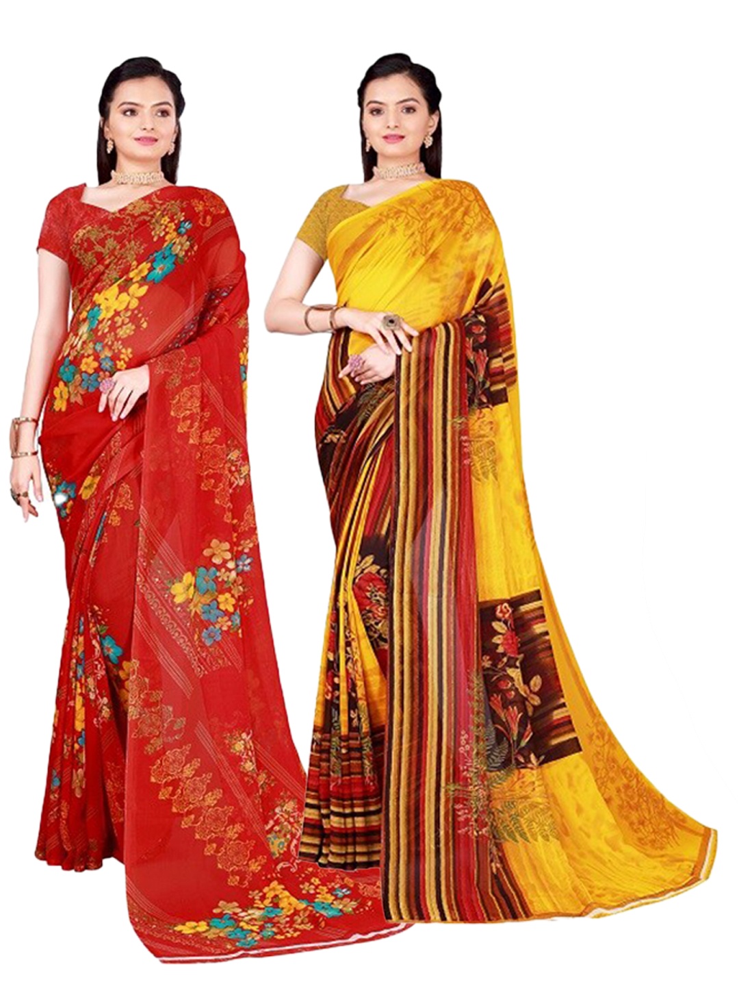 

SAADHVI Pack of 2 Yellow & Red Floral Pure Georgette Sarees