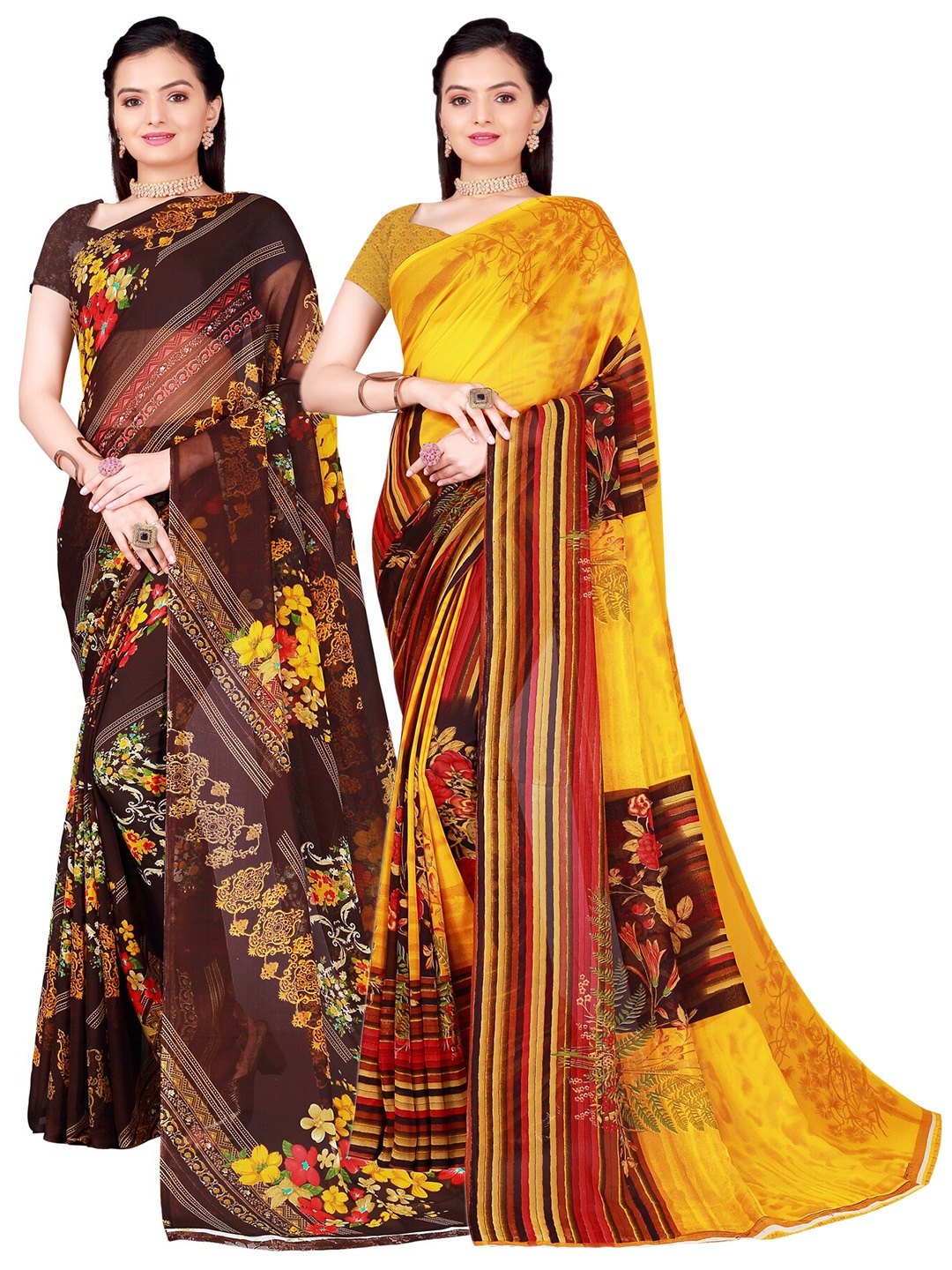 

SAADHVI Pack of 2 Yellow & Brown Floral Pure Georgette Sarees