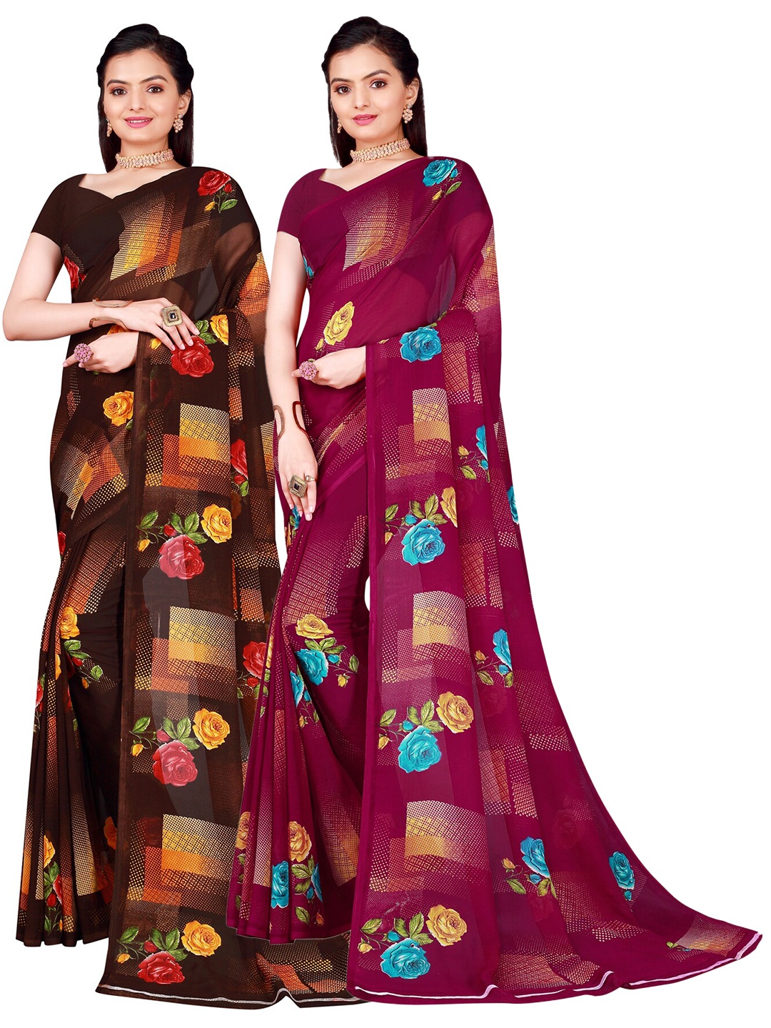 

SAADHVI Burgundy & Brown Pure Georgette Saree Pack Of 2