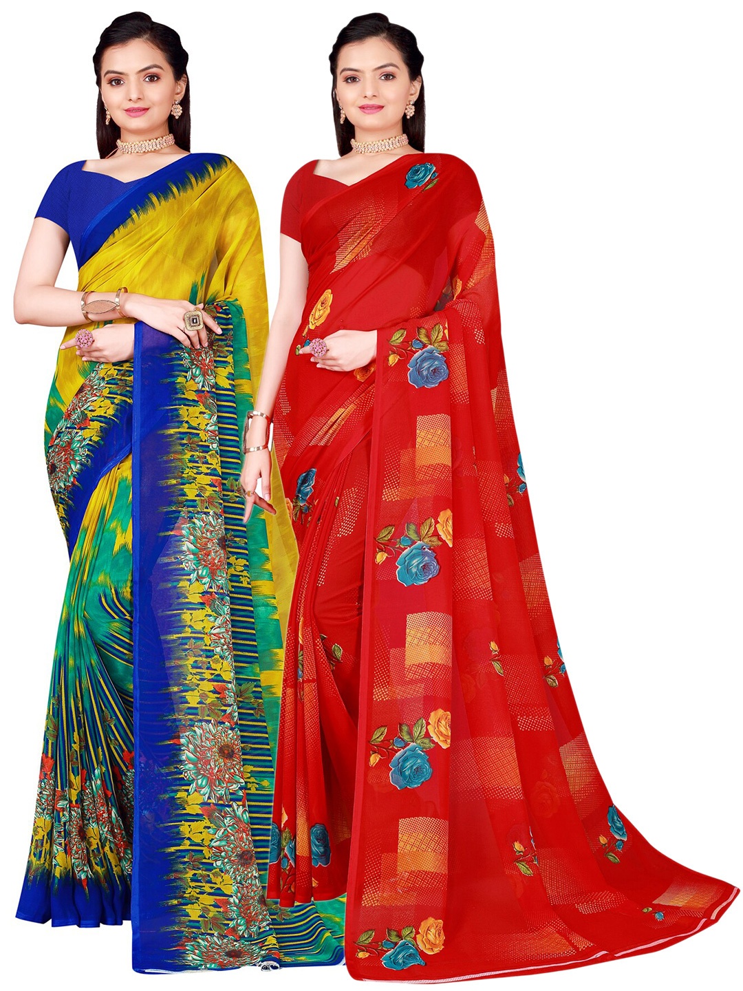 

SAADHVI Pack of 2 Floral Pure Georgette Sarees, Red