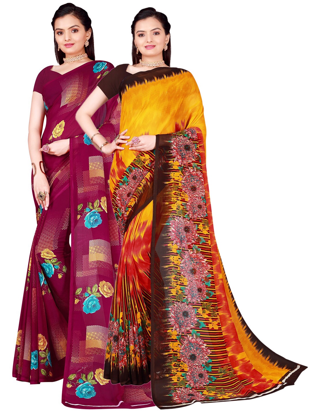 

SAADHVI Pack of 2 Printed Pure Georgette Sarees, Burgundy