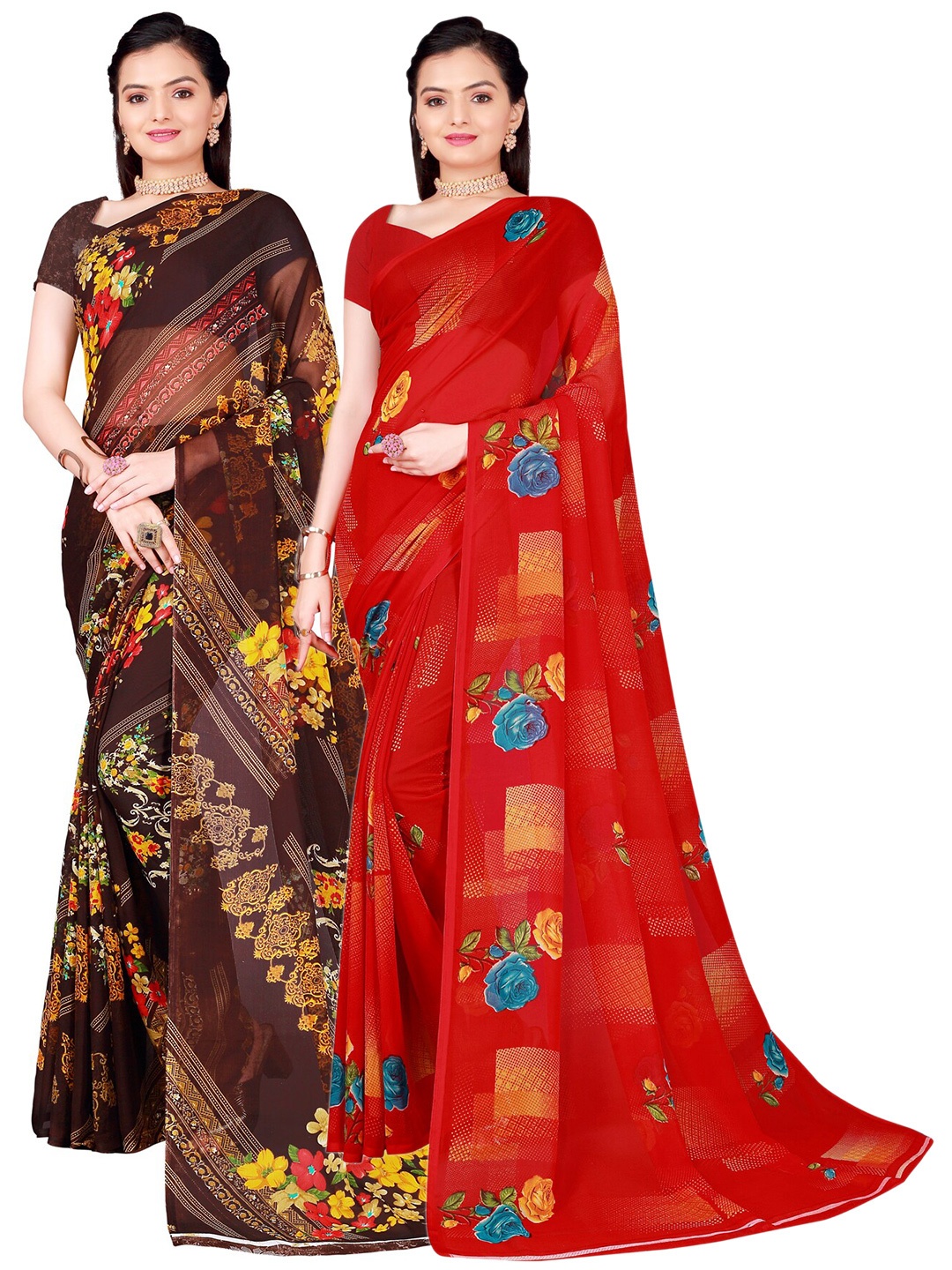 

SAADHVI Set Of 2 Floral Pure Georgette Saree, Red