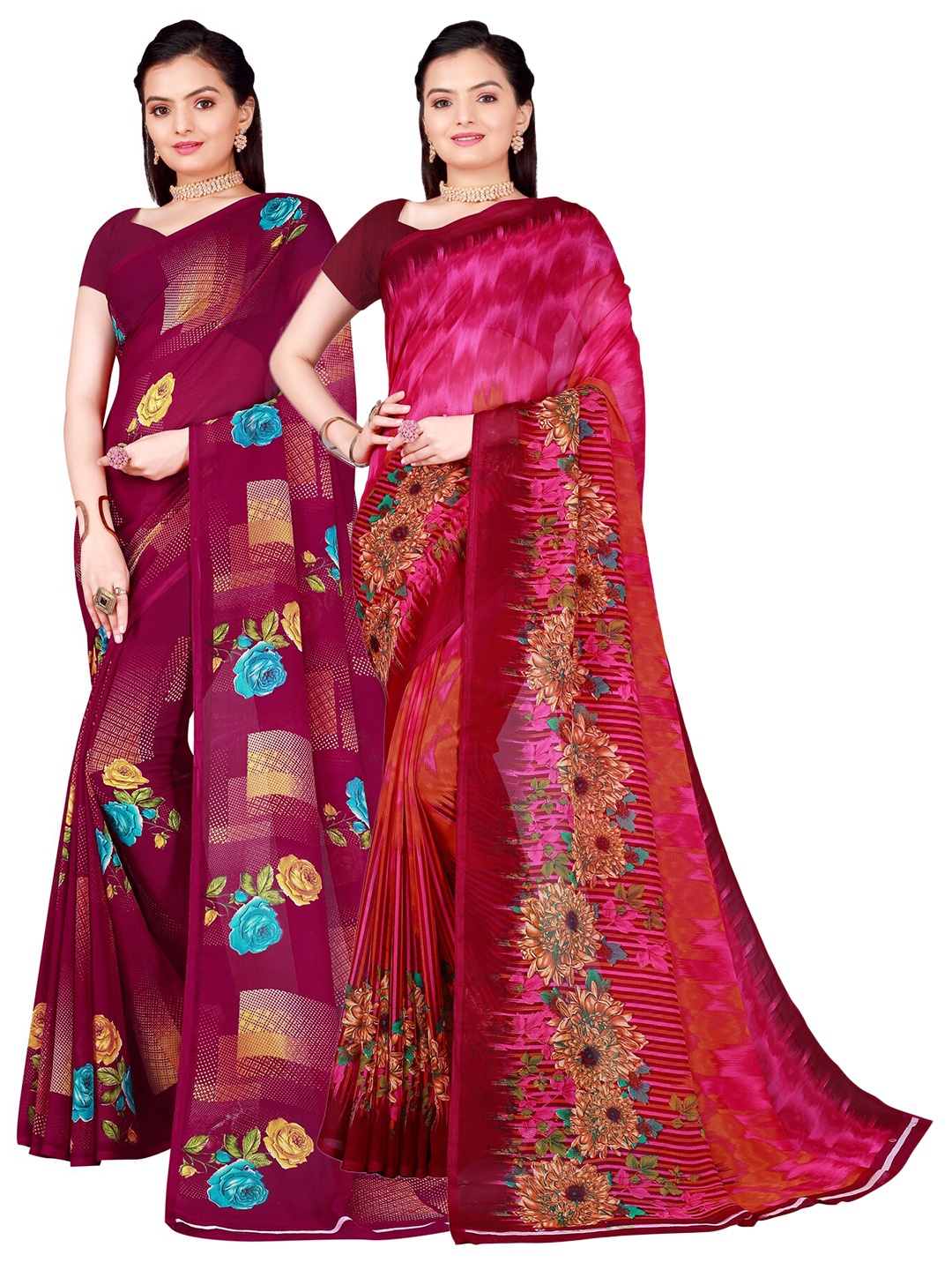 SAADHVI Pack Of 2 Floral Georgette Sarees, Burgundy