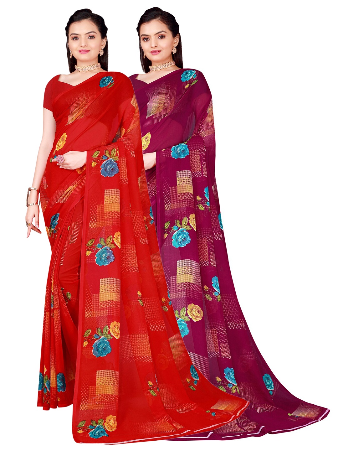 

SAADHVI Pack of 2 Red & Burgundy Pure Georgette Sarees