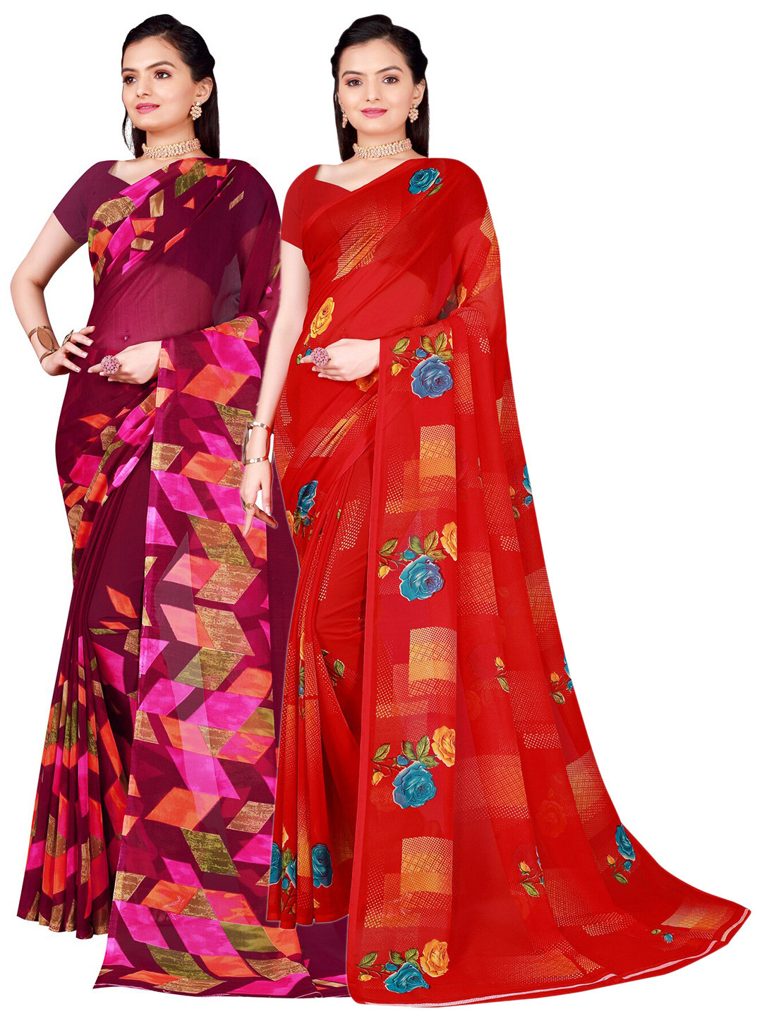

SAADHVI Pack of 2 Floral Pure Georgette Sarees, Red
