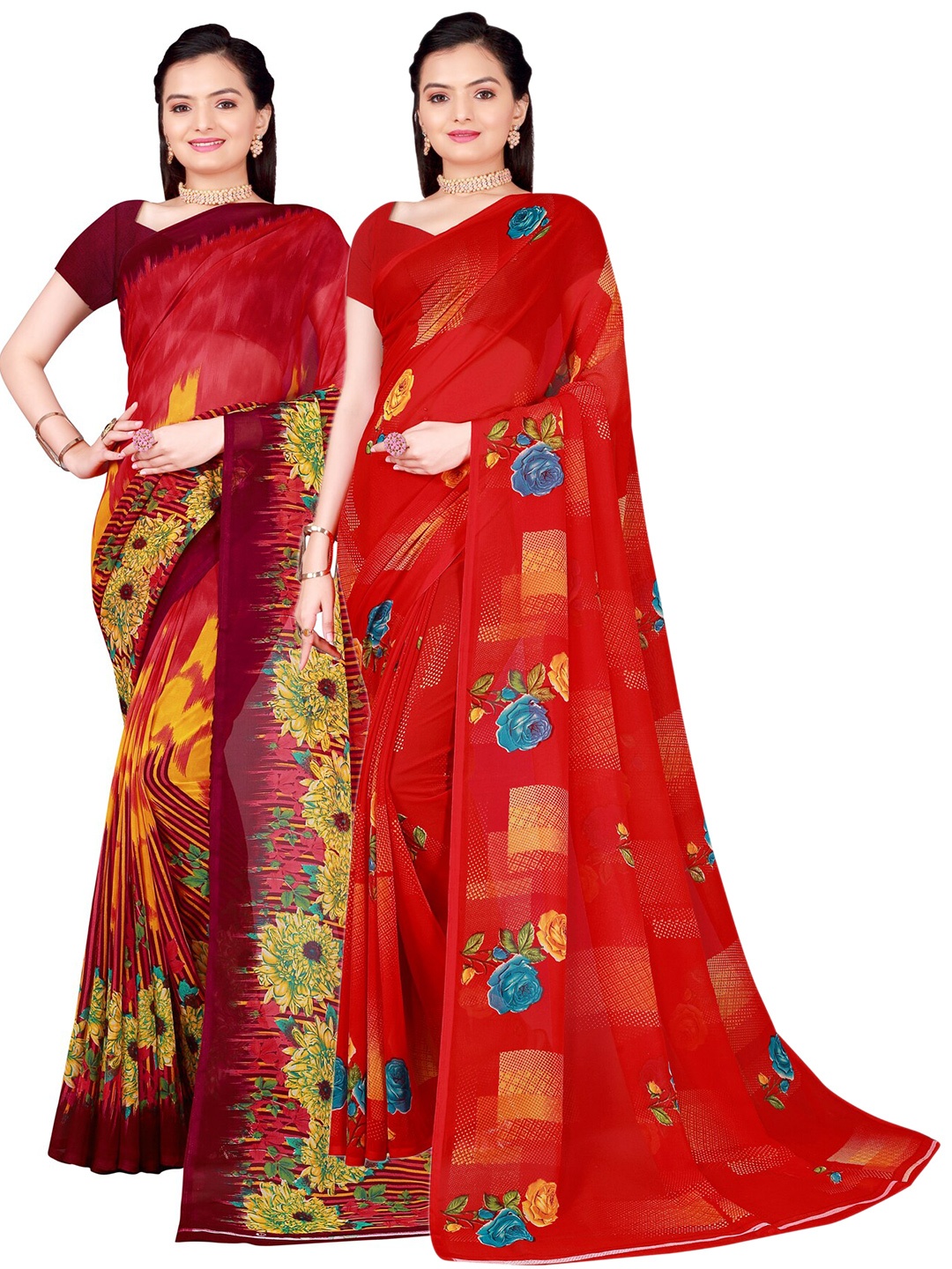 

SAADHVI Pack of 2 Printed Pure Georgette Sarees, Red
