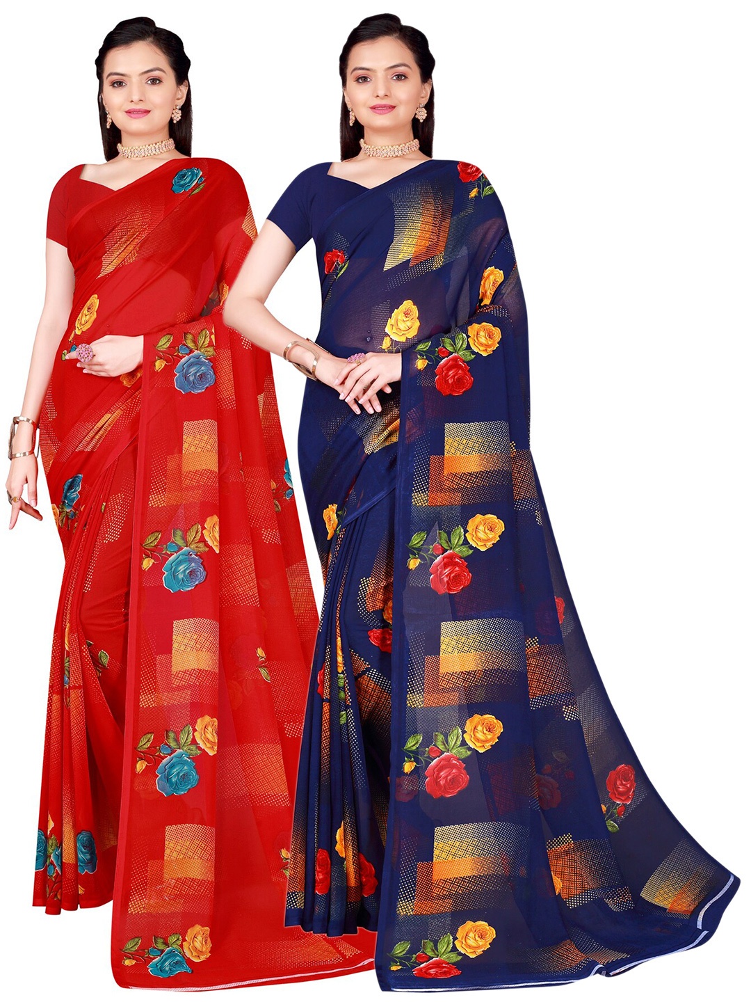 

SAADHVI Pack Of 2 Red & Navy Blue Floral Georgette Saree