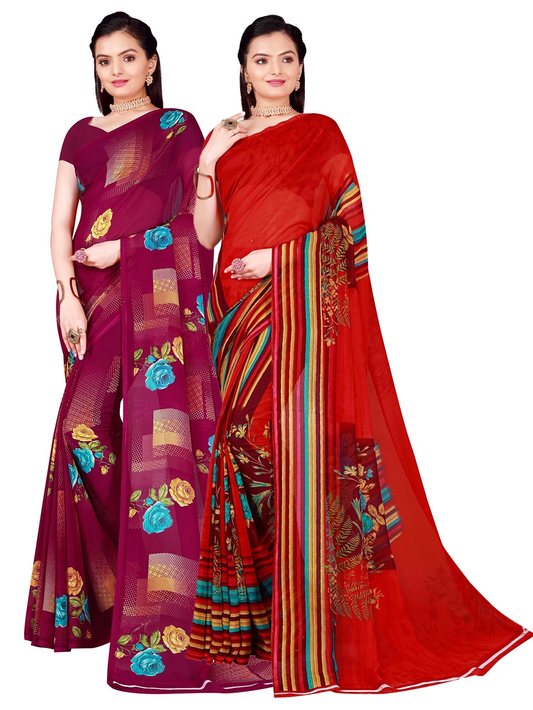 

SAADHVI Pack Of 2 Burgundy & Red Pure Georgette Saree