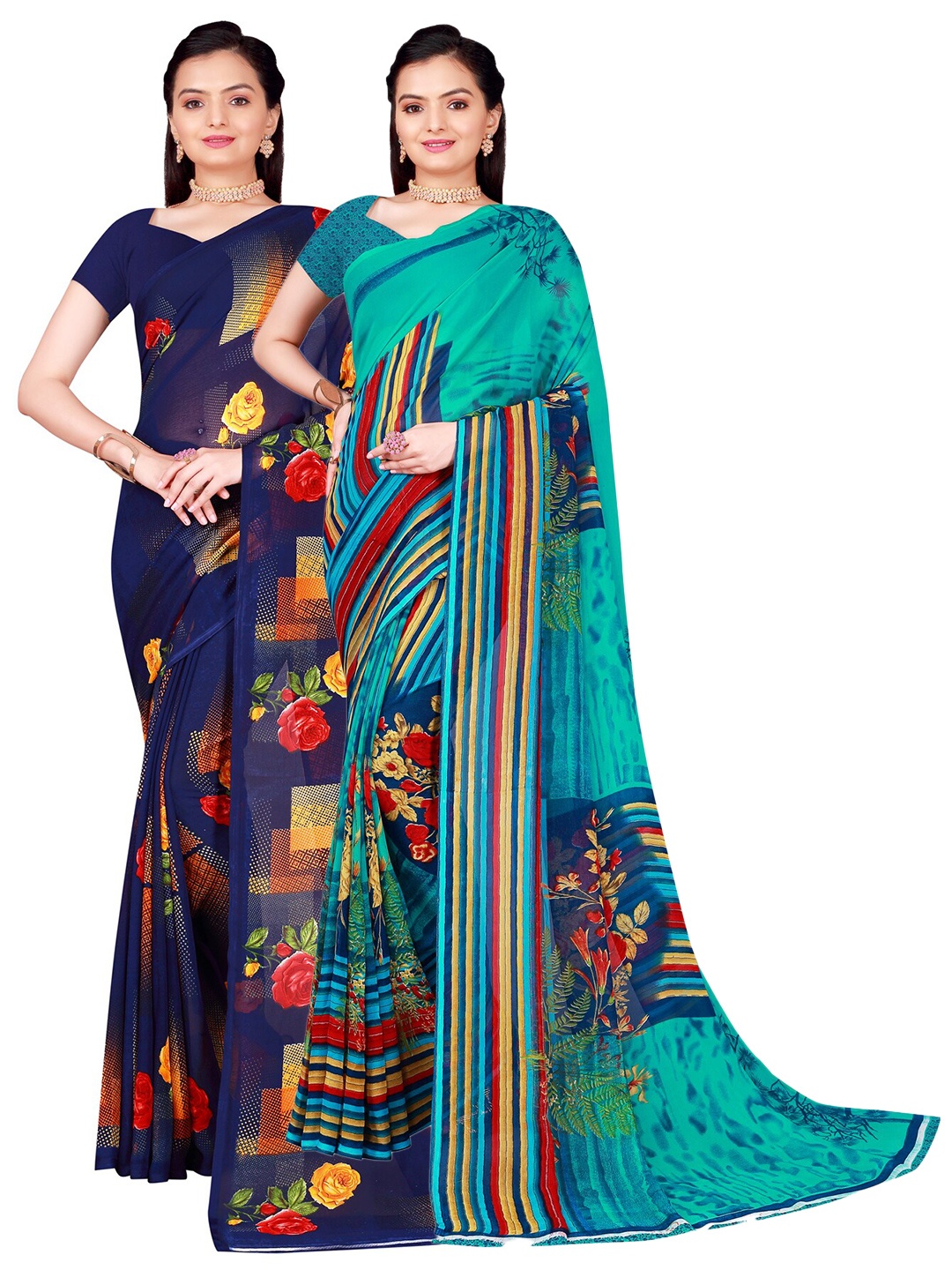 SAADHVI Pack of 2 Navy Blue & Blue Pure Georgette Sarees